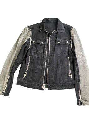 Black Denim Jacket And Convertible Zippered Vest With Contrast Gray Sleeves & Zi